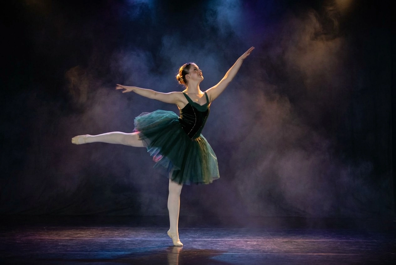 Dancer in mid-air with flowing black fabric